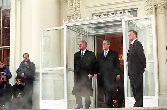 President Clinton and President–elect Bush depart the White House for the inaugural ceremony at the United States Capitol on January 20, 2001.