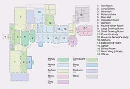 Floor plan of the main level of Rideau Hall, showing the various accretions onto the original McKay villa RHplan.jpg