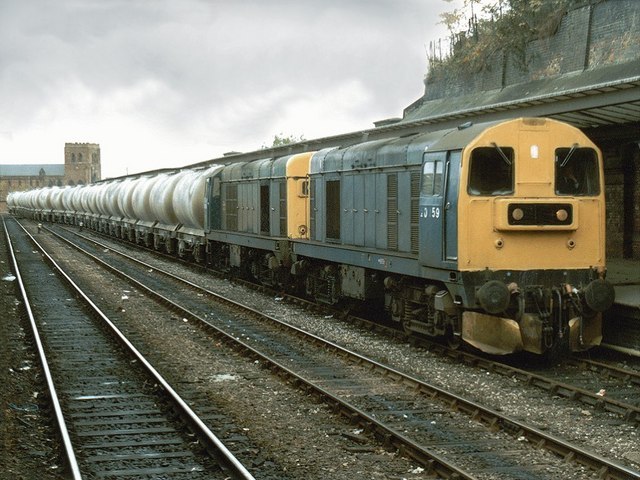 Two Class 20s, coupled nose to nose, hauling a freight train in 1986