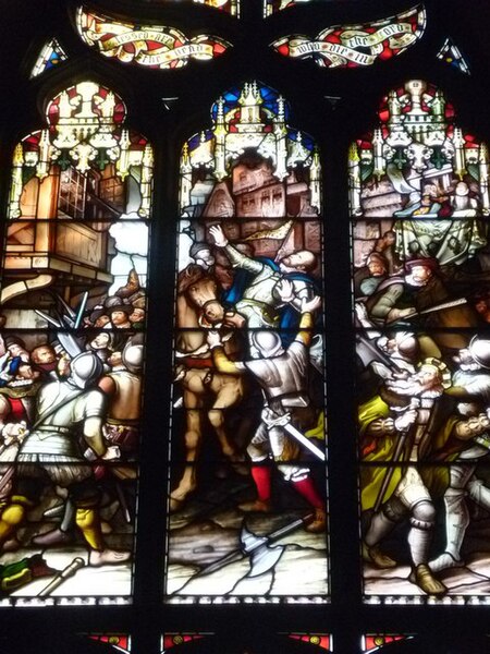 Assassination of the Regent Moray. Victorian stained-glass window in St Giles' Kirk, Edinburgh