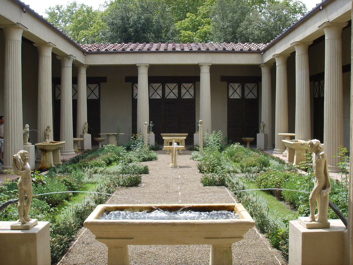 peristyle garden with ancient roman statues and fountains