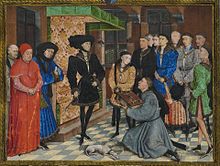 Charles as a boy stands next to his father, Philip the Good. Rogier van der Weyden's frontispiece to the Chroniques de Hainaut, c. 1447-8 (Royal Library of Belgium) Rogier van der Weyden - Presentation Miniature, Chroniques de Hainaut KBR 9242.jpg