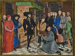 Jean Wauquelin presenting his 'Chroniques de Hainaut' to Philip the Good, in Mons, County of Hainaut, Burgundian Netherlands. Rogier van der Weyden - Presentation Miniature, Chroniques de Hainaut KBR 9242.jpg