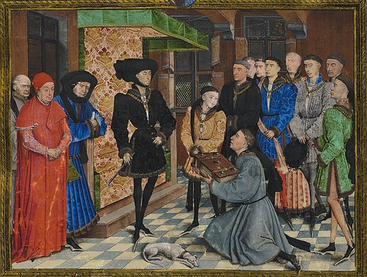 Philip the Good presented with a Chronicles of Hainaut, flanked by his son Charles and his chancellor Nicolas Rolin c. 1447–8