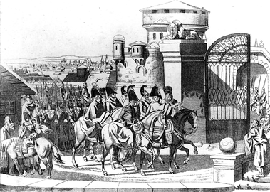 L'armée russe entrant à Varsovie en 1813, gravure de Johann Nepomuk Nusbiegel (1750-1829).