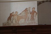 English: Fresco in Søborg church in Gribskov Kommune, Denmark. Unidentified scene with a woman in front of an ox held by 3 men.