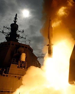 The Japanese guided-missile destroyer JDS Kongo firing a Standard Missile 3 anti-ballistic missile SM3 from JDS Kongo.jpg