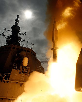 Japanese guided missile destroyer JDS Kongō firing a Standard Missile 3 anti-ballistic missile.