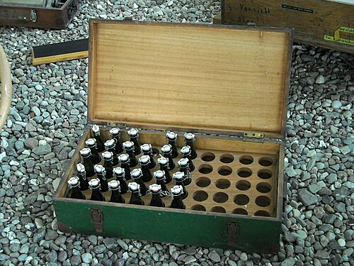 Box with sample bottels at Nautineum Museum, Daenholm, Stralsund, Germany