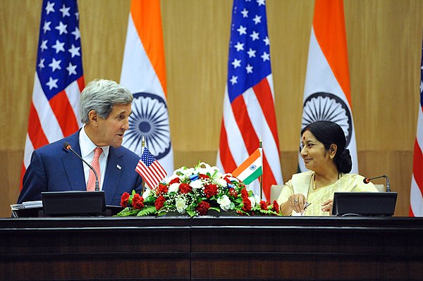 Secretary of State John Kerry and Sushma Swaraj address reporters during news Conference following strategic dialogue