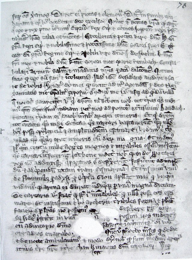 A single page from a 14th-century manuscript. Un-illustrated, it is covered with dozens of lines of Latin text. The parchment is aged and has some holes in it towards the bottom, which evidently existed before the text was written around them.