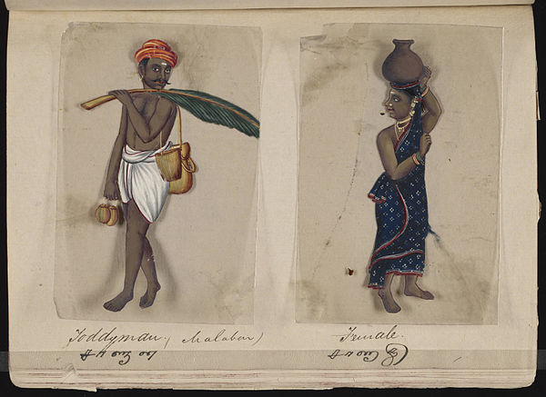 An image of a man and woman from the toddy-tapping community in Malabar from the manuscript Seventy-two Specimens of Castes in India, which consists o