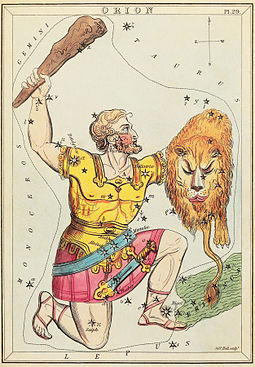 Orion as depicted in Urania's Mirror, a set of constellation cards published in London c.1825 Sidney Hall - Urania's Mirror - Orion (best currently available version - 2014).jpg
