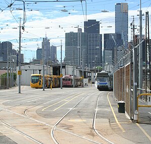 A photo of Southbank tram depot yard. C2-, W-, and A-class trams are stabled inside
