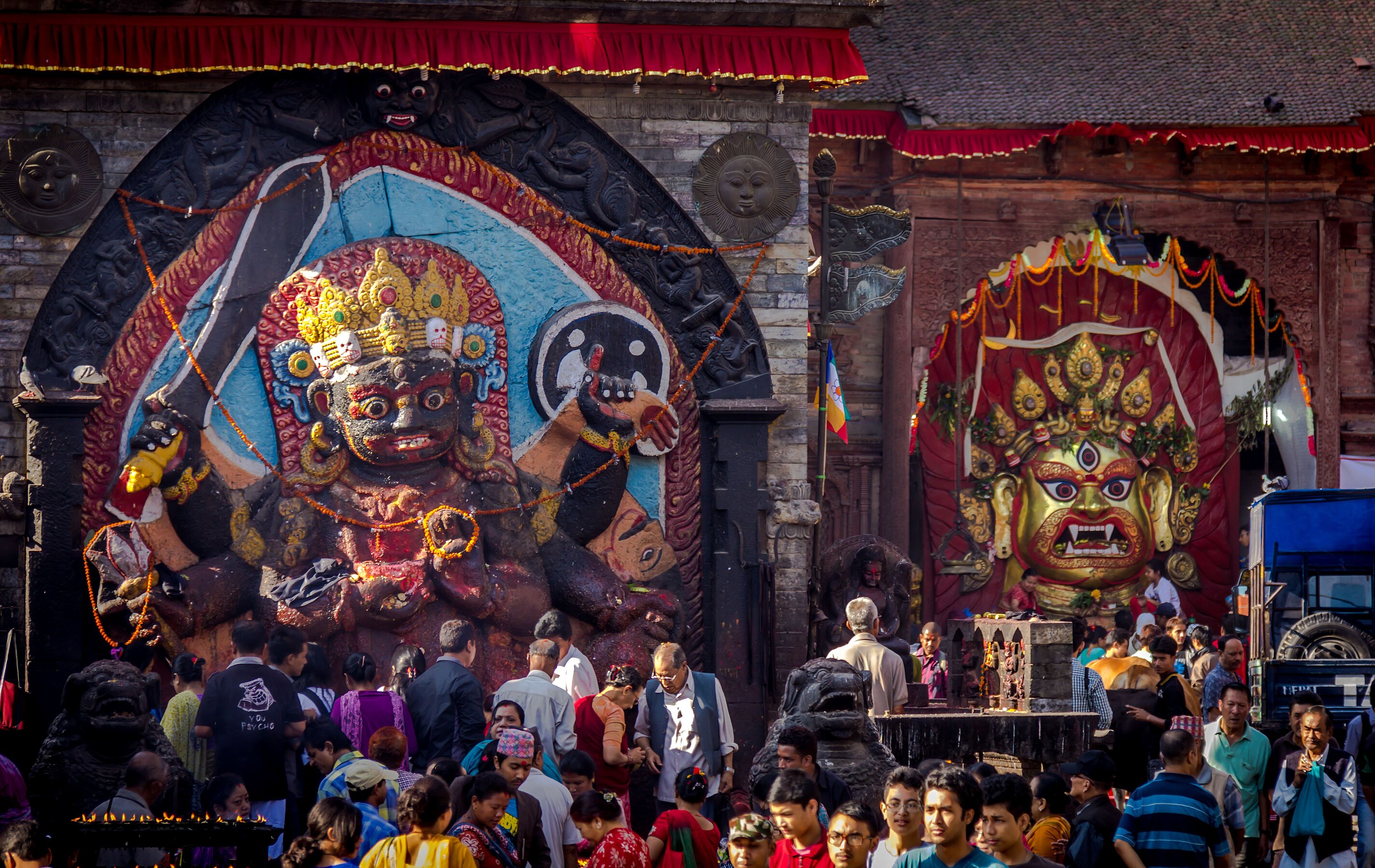 Statue of Kaal Bhairab and Mask of Sweta Bhairab at Basantapur Durbar Square during the biggest religious street festival in Kathmandu, Indra Jatra by Ajay Maharjan