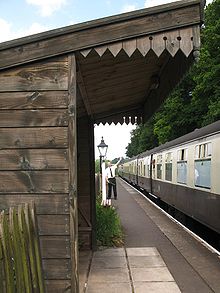 A train to Minehead restarts after its call at Stogumber Stogumber right away.jpg