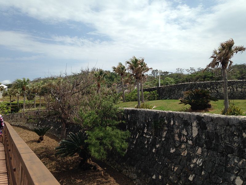 File:Stone walls and palm trees in Okinawa Commemorative National Government Park.JPG