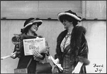 Margaret Foley (right) and another suffragist distribute the Woman's Journal, 1913 Suffragist Margaret Foley 150016v.jpg