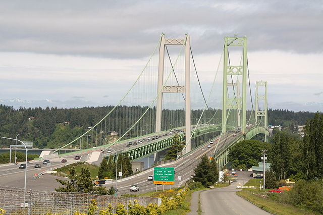 The twinned Tacoma Narrows Bridge carries SR 16 between Tacoma and the Kitsap Peninsula