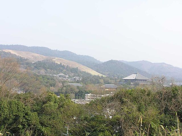 A view over Tōdai-ji, Mountains of Wakakusa, Mikasa and Kasuga from Tamon Castle site