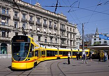 Tango tram in Zurich, used for testing and publicity. This tram now serves on Basel's lines 10 and 11. Tango als Tram in Zurich beim Paradeplatz.jpg