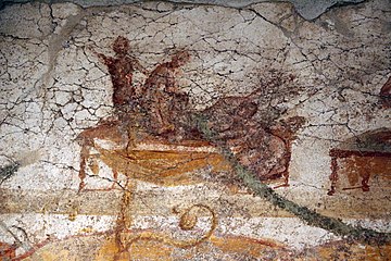 Cunnilingus, fellatio and anal sex between two females and two males - mural. Suburban baths, Pompeii