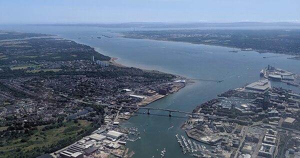 The river Itchen (lower centre) flowing into Southampton Water