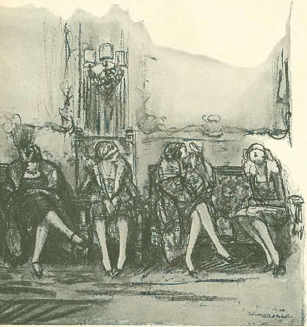 A loose charcoal sketch of several women seated in formal party attire