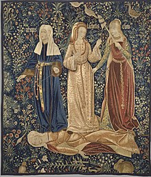 The three fates, Clotho, Lachesis and Atropos, who spin, draw out and cut the thread of life. (Flemish tapestry, Victoria and Albert Museum, London The Triumph of Death, or The Three Fates.jpg