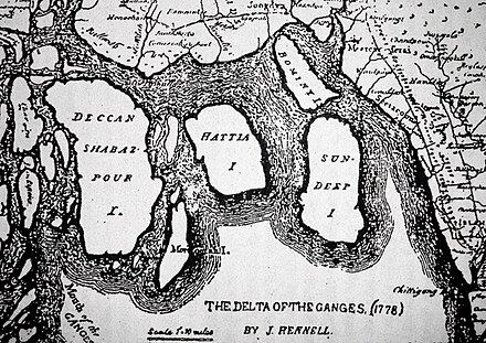 Delta of Ganges from the map of surveyor James Rennell (1778)