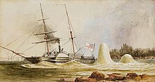 The survey vessel Merlin narrowly escaping destruction by two Russian mines off Sveaborg in early in August 1855 by John Wilson Carmichael The survey vessel H.M.S. Merlin narrowly escaping destruction by two Russian mines off Sveaborg early in August 1855 by John Wilson Carmichael.jpg