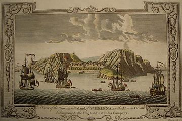 A View of the Town and Island of St Helena in the Atlantic Ocean belonging to the English East India Company, engraving c. 1790. Thornton, St Helena.jpg