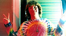 Tie-dyed clothes, associated with hippie culture Tie-dye hippie.jpg