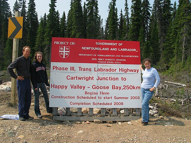 Start of Phase III of Trans-Labrador Highway, a 250 kilometres (160 mi) gravel road between Cartwright Junction and Happy Valley-Goose Bay, 2004