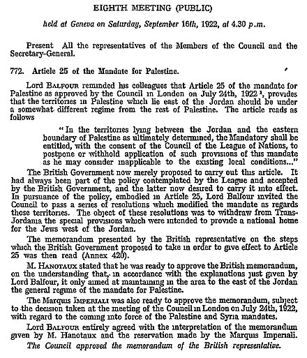 Approval of the Transjordan memorandum at the Council of the League of Nations, 16 September 1922