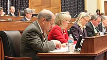 Turner seated at the House Foreign Affairs Committee. On foreign affairs, he supported Israel and voted to restrict the threat of a nuclear Iran Turner Foreign Affairs committee.JPG