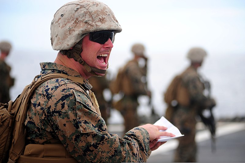 File:U.S. Marine Corps Cpl. Clay O'Dell, assigned to Fleet Anti-Terrorism Security Team Pacific (FASTPAC), shouts out instructions during an advanced driven combat drill May 30, 2013, aboard the U.S. 7th Fleet 130530-N-QI421-286.jpg