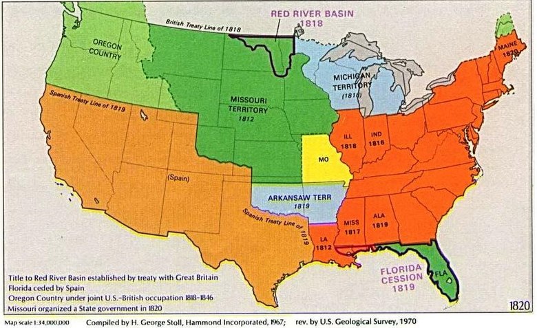 The Missouri Compromise created the slave-holding state Missouri (Mo., yellow) but prohibited slavery in the rest of the former Louisiana Territory (here, marked Missouri Territory 1812, green) north of the 36°30' North parallel.
