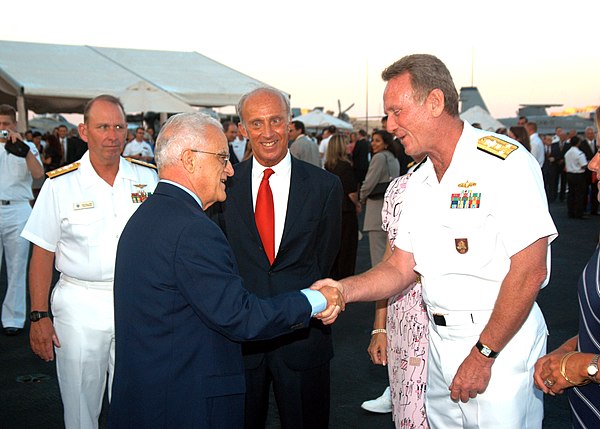 Edward Fenech Adami aboard the aircraft carrier USS John F. Kennedy (CV 67).