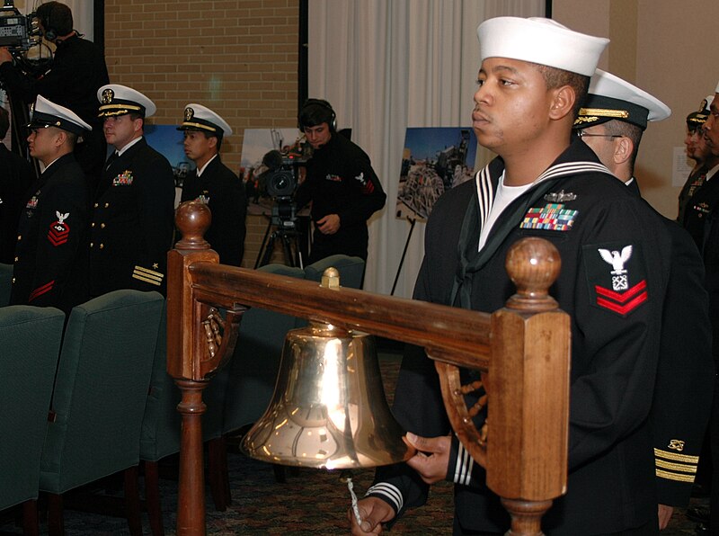 File:US Navy 060113-N-8907D-014 Boatswain's Mate 2nd Class Eric Kenith prepares to strike ceremonial bells during the arrival of the official party during the establishment ceremony for the Navy Expeditionary Combat Command he.jpg