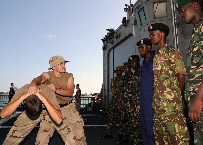 File:US Navy 100120-N-1429M-021 Quartermaster 3rd Class Michael Bernier, an Africa Partnership Station (APS) East visit, board, search and seizure (VBSS) instructor, demonstrates searching techniques to Tanzanian Sailors.jpg