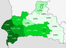 Доля украинцев по районам     >6%     4–6%     2–4%     1–2%     <1%