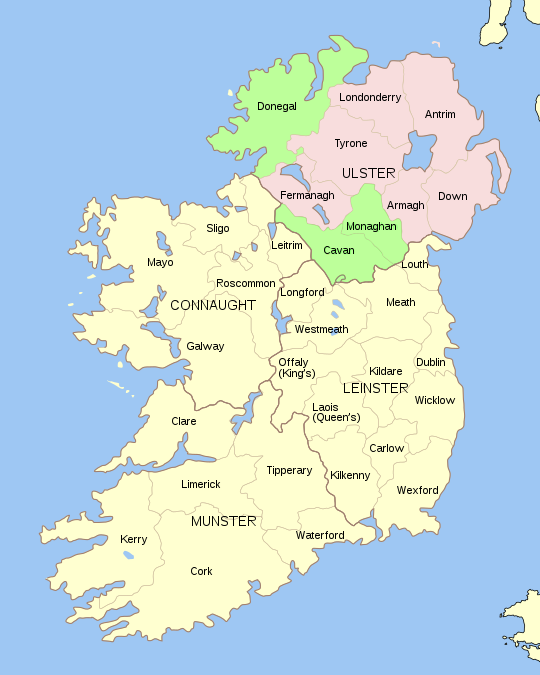 Ulster (coloured), showing Northern Ireland in pink and the Republic of Ireland part in green