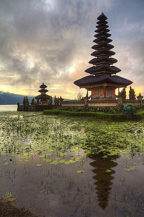 The pagoda-like Pelinggih Meru shrine of Pura Ulun Danu Bratan is a distinctive feature of a Balinese temple.