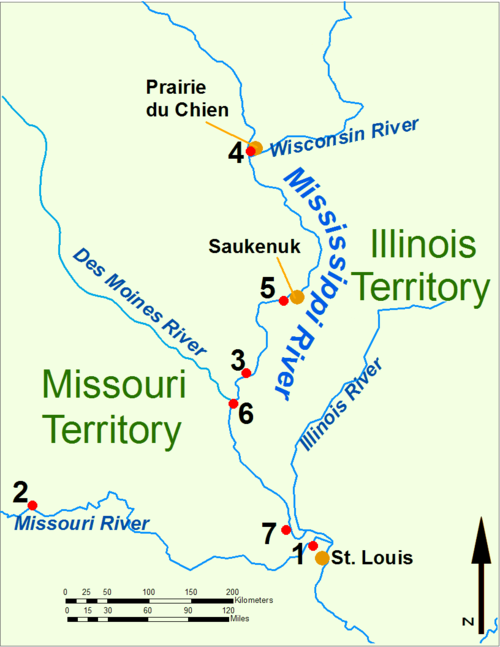 Operations on the Upper Mississippi River during the War of 1812. 1: Fort Bellefontaine U.S. headquarters; 2: Fort Osage, abandoned 1813; 3: Fort Madison, defeated 1813; 4: Fort Shelby, defeated 1814; 5: Battle of Rock Island Rapids, July 1814 and the Battle of Credit Island, Sept. 1814; 6: Fort Johnson, abandoned 1814; 7: Fort Cap au Gris and the Battle of the Sink Hole, May 1815.