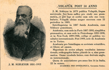 Pohlednice v latině sine flexione krátce navrací historii volapüku a Academia pro Interlingua, ilustrovaná portrétem Johanna Martina Schleyera.