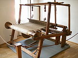 Traditional loom with string heddles Webmaschine in Tirolervolkskunstmuseum.JPG