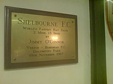 The commemorative plaque in Tolka Park, detailing the quickest hattrick ever, as scored by Jimmy O'Connor on 19 November 1967 WorldsFastestHattrick.JPG