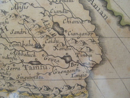 Shangdu (here spelled Ciandu, as Marco Polo spelled it) on the French map of Asia made by Sanson d'Abbeville, geographer of King Louis XIV, dated 1650. It also shows a Xandu east of Cambalu, where English maps placed it. Like some other European maps of the time, this map shows Cambalu and Pequin as two different cities, but they were in fact the same city, now called Beijing. When this map was made, Shangdu had been in ruins for almost three centuries.
