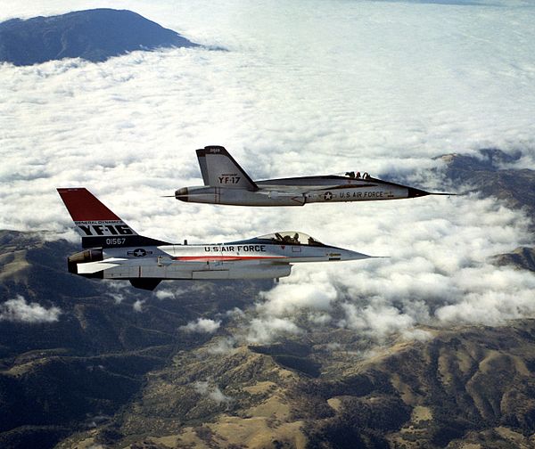 The General Dynamics YF-16 and Northrop YF-17 were competing designs in the US Lightweight Fighter program.